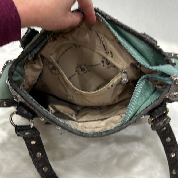 Western silver studded blue and brown concealer and carry shoulder bag - Picture 6 of 8